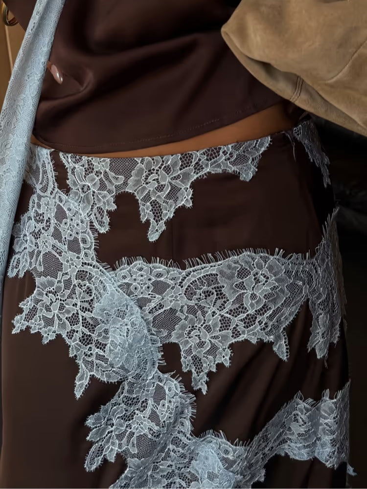 Stylish two-piece women's brown outfit with a beautiful lace top & elegant midi skirt.
