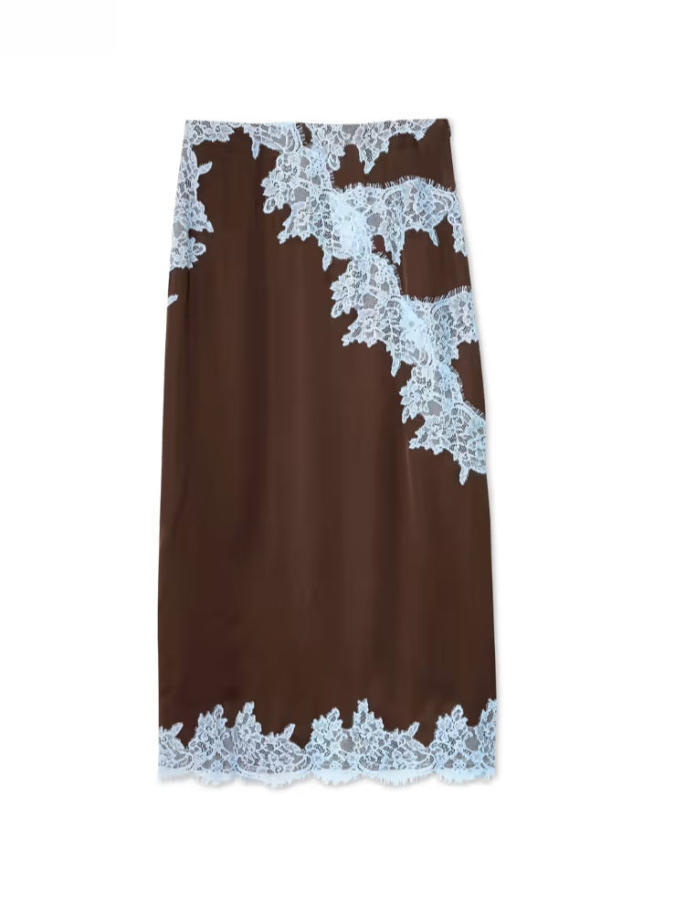 Sophisticated women's fashion set: brown lace panel top & elegant midi skirt for all occasions.