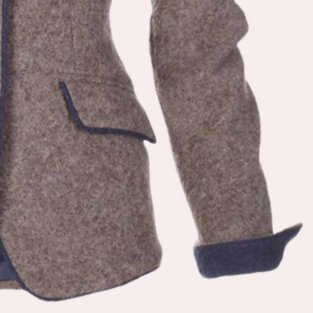 Women's sophisticated brown tailored blazer. Elegant jacket for business casual or professional office wear. Elara.