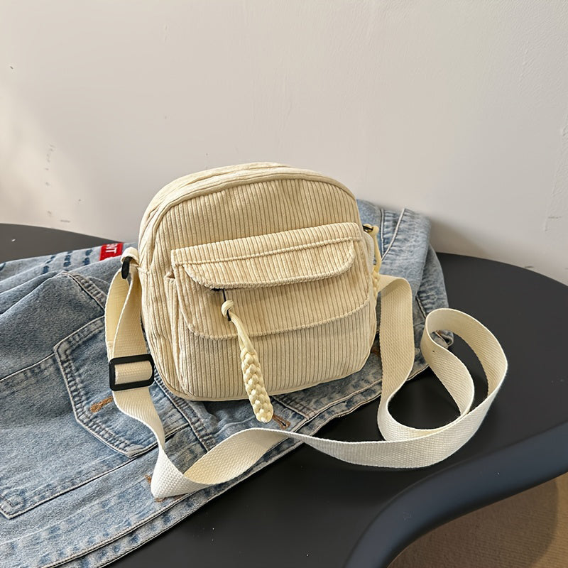 Compact beige daily essential women's crossbody bag with a secure front zip pocket.
