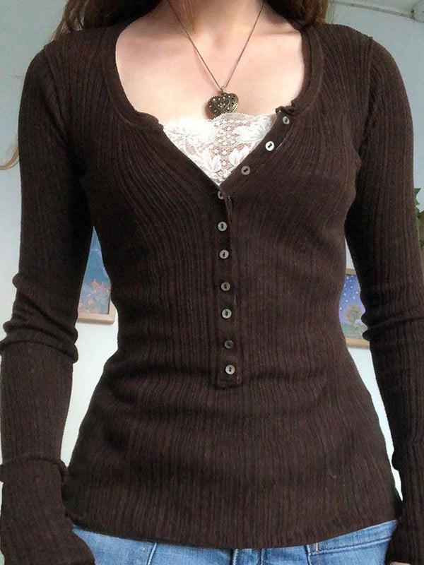Brown women's V-neck textured long sleeve top, perfect for casual or elegant styles.