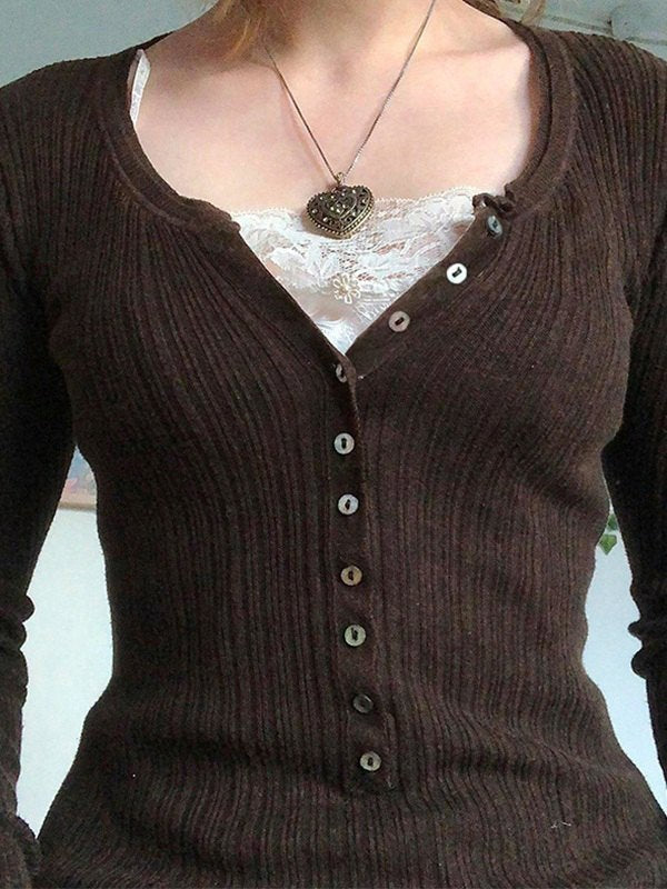 Elegant brown V-neck top for women, featuring a button front and versatile textured design.