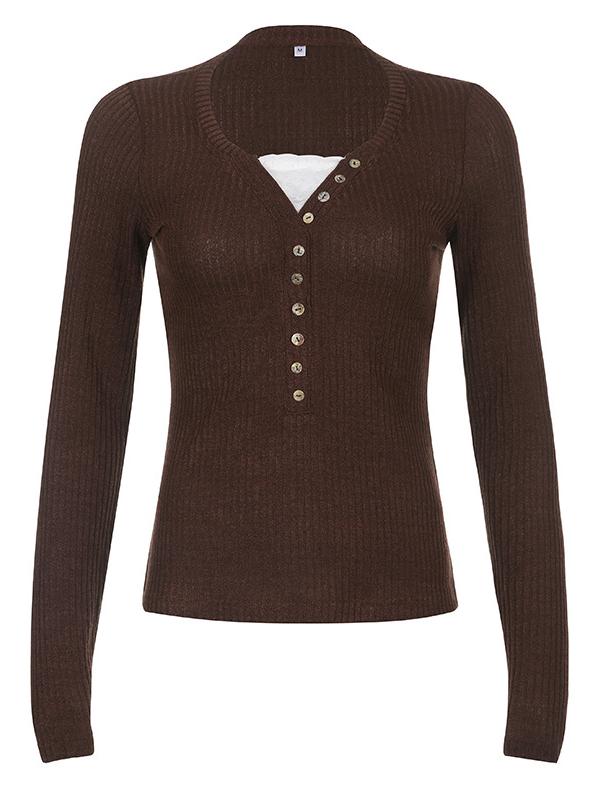 Versatile women's long sleeve top, a brown wardrobe staple with a chic V-neck & textured finish.