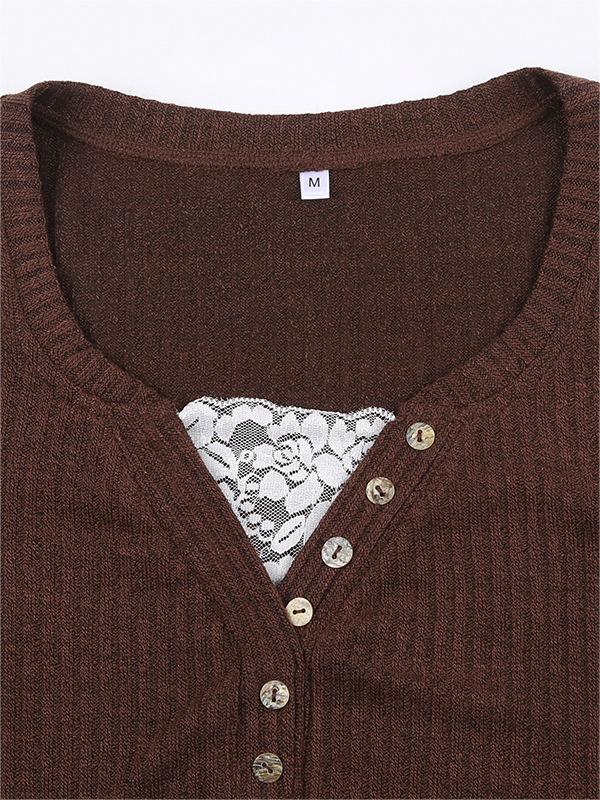 Casual brown women's V-neck long sleeve top with full button front and soft textured material.