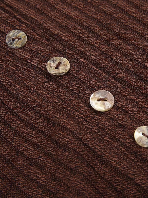 Fashionable brown women's textured long sleeve top, V-neck and button-up design.