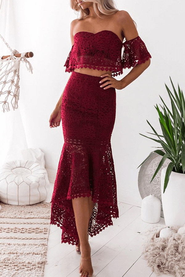 Burgundy elegant lace two-piece set for women, featuring a tube top & pencil skirt. Perfect for evening wear.