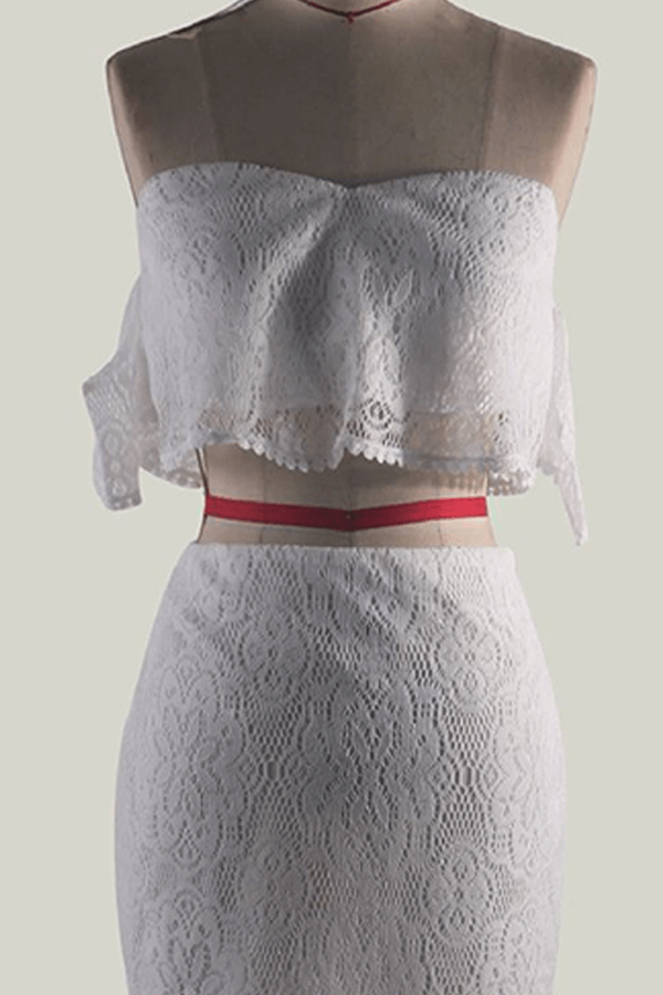 White sophisticated lace two-piece set for women, tube top & pencil skirt, ideal for evening parties.