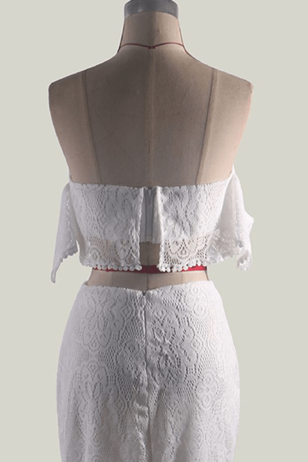 Elegant women's lace tube top and pencil skirt set, a sophisticated two-piece for evening wear.