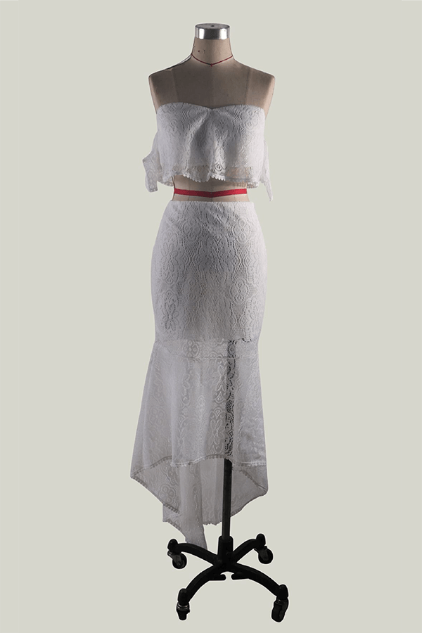 Blue elegant women's lace set, a two-piece party outfit featuring a tube top & a flattering pencil skirt.