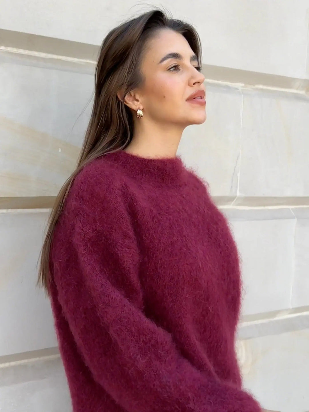 Cozy elegant women's relaxed fit pullover sweater in rich burgundy, perfect for layering.