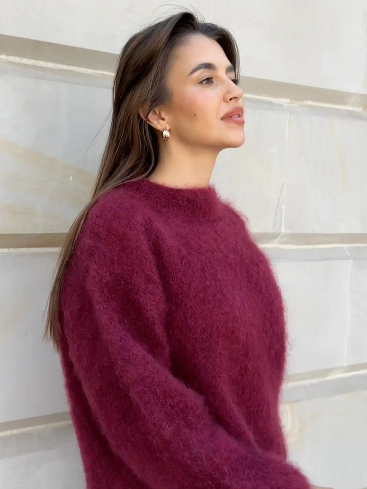 Cozy elegant women's relaxed fit pullover sweater in rich burgundy, perfect for layering.
