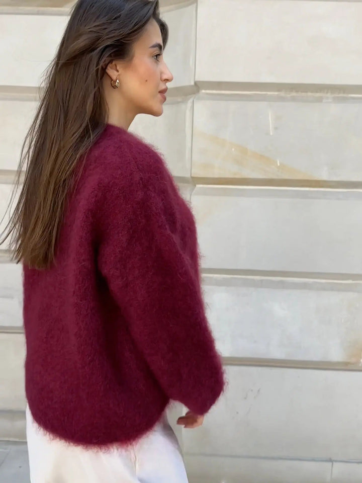 Transitional burgundy women's sweater, a cozy elegant relaxed fit pullover for chic layering.