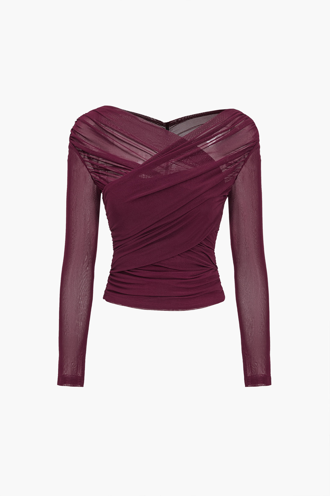 Slim-fit women's cropped long sleeve top with stylish ruched wrap and deep V-neck, elegant evening wear.
