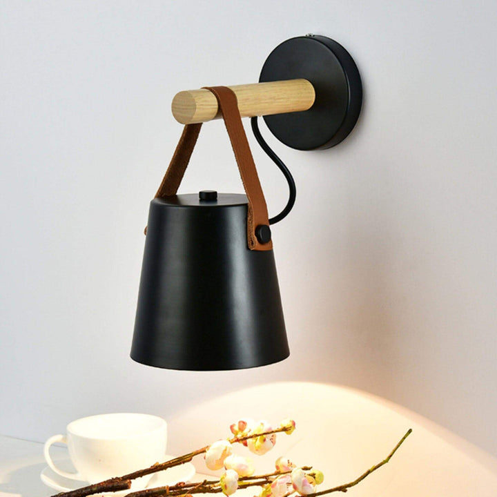 Conical Wooden Wall Light with Leather Strap