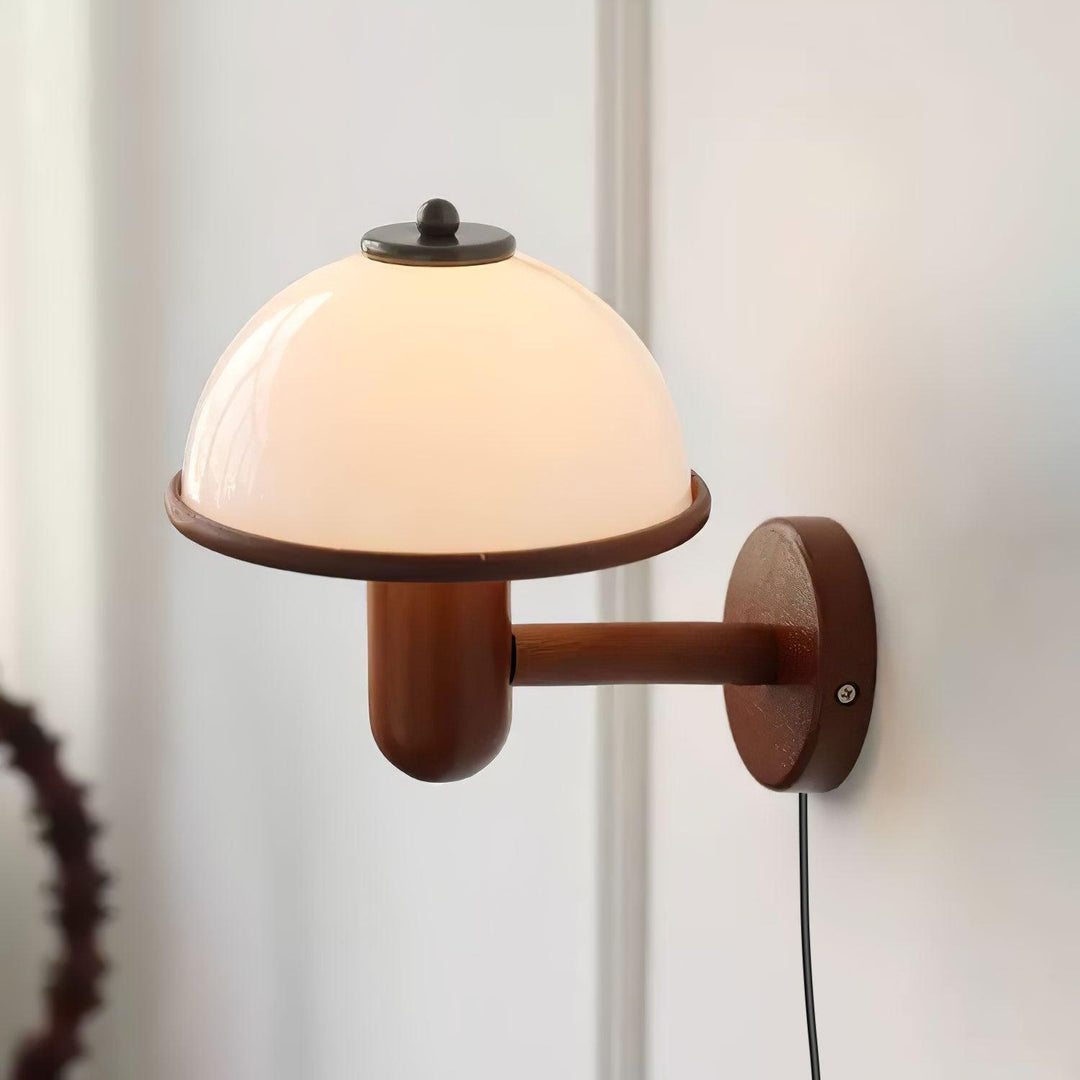 Oak Wood Mushroom Wall Light with White Shade