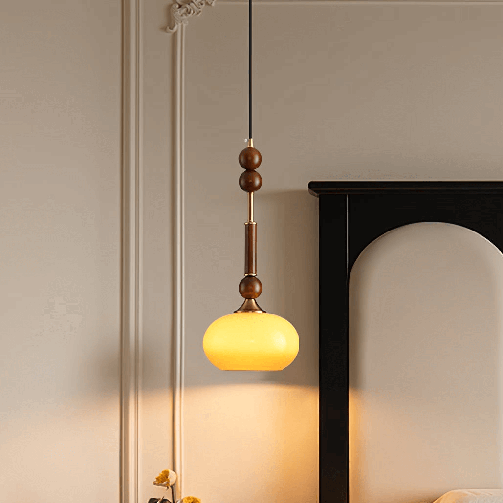 Elegant Glass Pendant Lamp with Wooden & Brass Accents