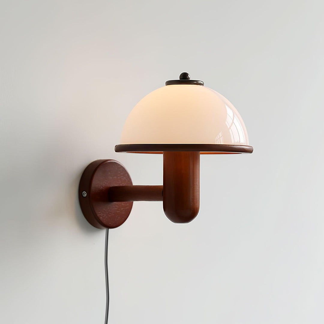 Oak Wood Mushroom Wall Light with White Shade