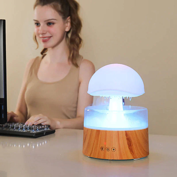 Mushroom-shaped rain cloud diffuser and humidifier, perfect for a relaxing ambiance and improved air quality at home.