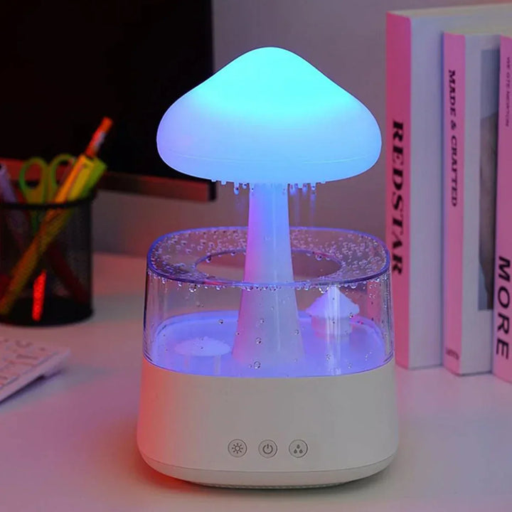 Relaxing rain cloud humidifier with soothing sounds, enhancing home decor and promoting stress relief for better sleep.