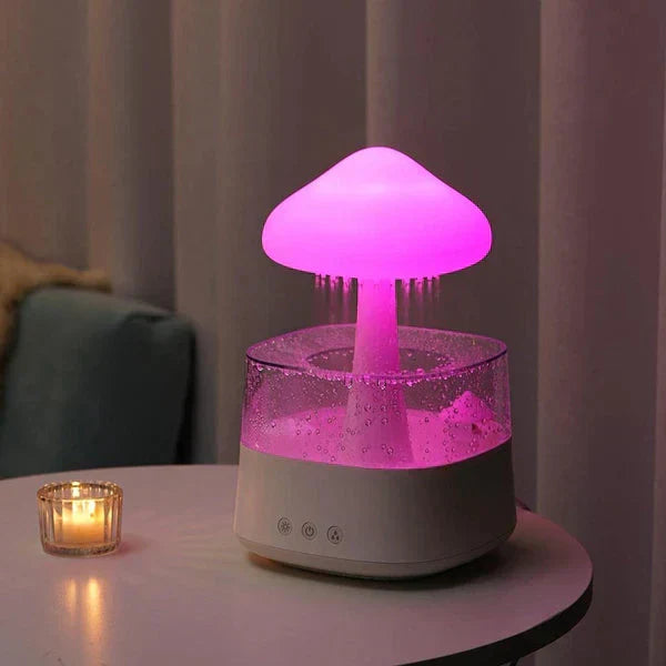 Decorative rain cloud humidifier and night light, offering a calm ambiance for bedroom relaxation and improved air quality.