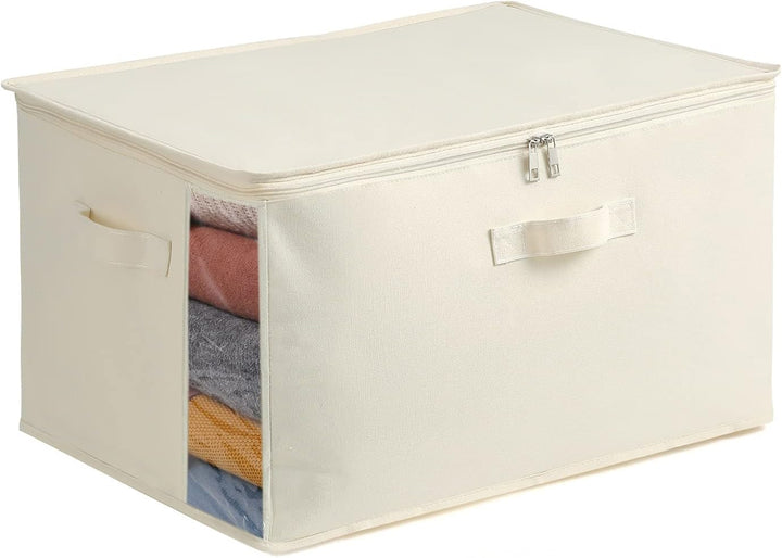 Canvas clothes storage organizer with dual zipper, handles & window for wardrobe.