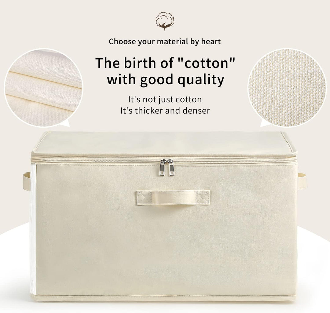 Breathable canvas organizer for clothes & bedding, ensuring items stay fresh.