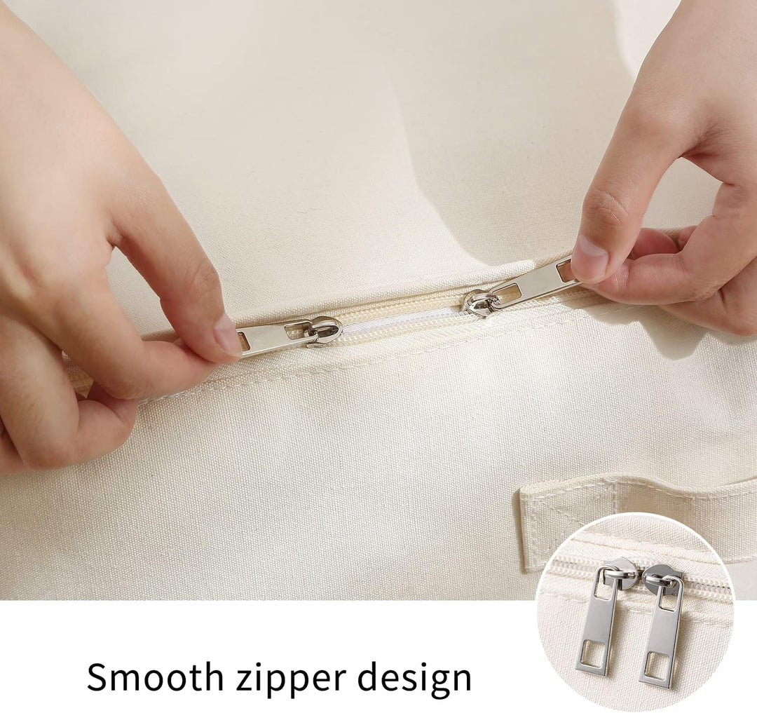 Dual zipper canvas clothes storage for quick access to seasonal attire & blankets.