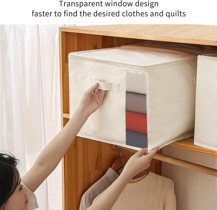 Foldable canvas clothes storage organizer with strong handles for easy transport.