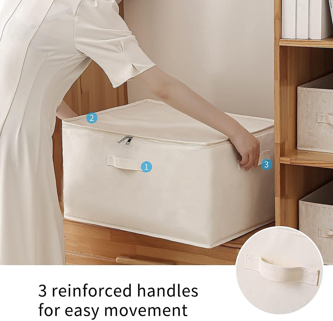 Premium canvas wardrobe organizer for clothes, linens, and blankets, with secure dual zippers.