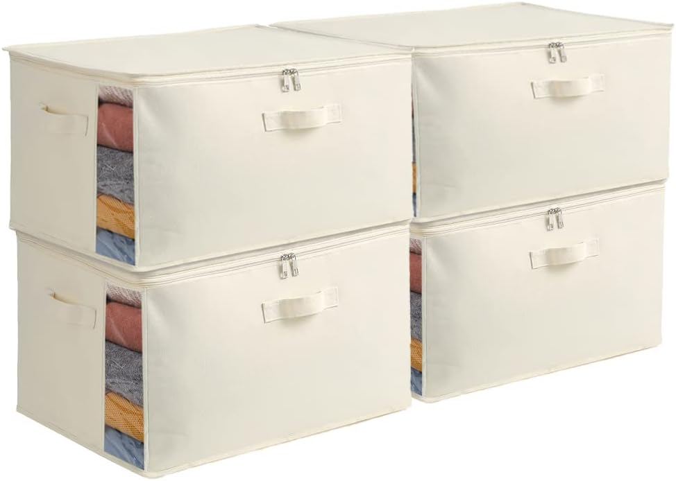 Seasonal clothing organizer: canvas bag with dual zipper & reinforced handles for convenience.