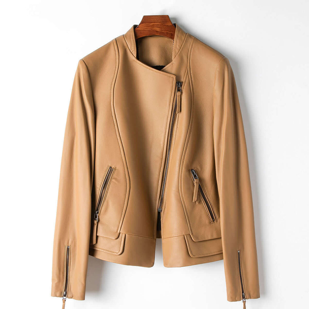Caramel brown women's chic leather jacket, timeless style, versatile fashion outerwear.