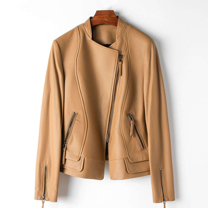 Caramel brown women's chic leather jacket, timeless style, versatile fashion outerwear.