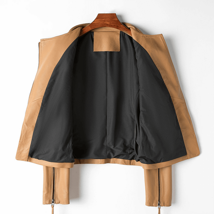 Chic women's leather jacket in a versatile caramel brown, perfect for stylish everyday fashion.