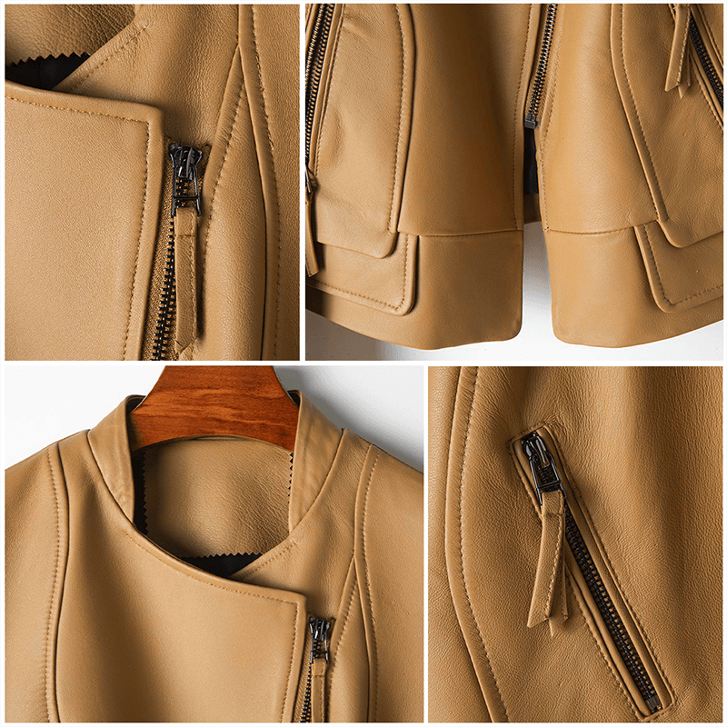 Classic women's leather jacket, midnight black, offers comfort and timeless style as outerwear.