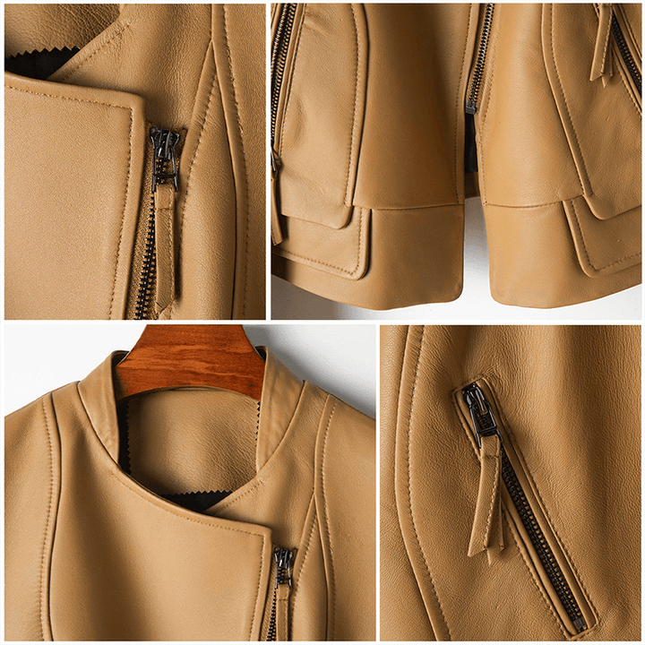 Classic women's leather jacket, midnight black, offers comfort and timeless style as outerwear.