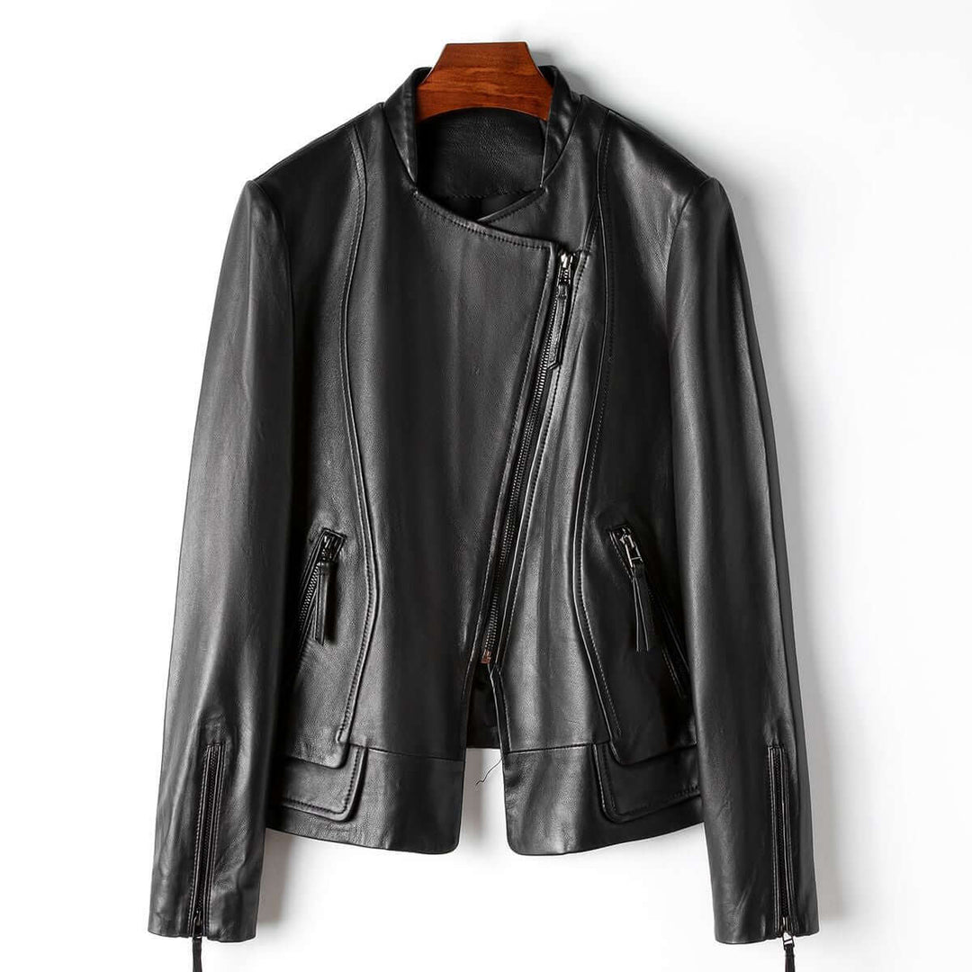 Elegant women's leather jacket, chic caramel brown, stylish and versatile for classic fashion.