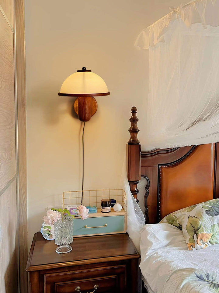 Oak Wood Mushroom Wall Light with White Shade