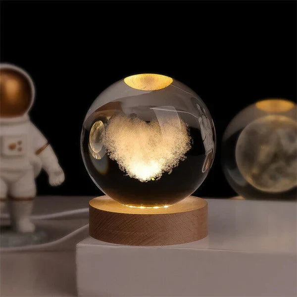 Close-up of CelestialGlow Luminous Sphere, highlighting intricate 3D engraved galaxy design, a celestial light.