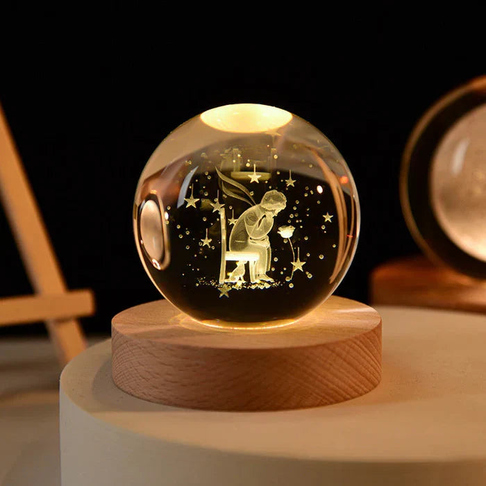 CelestialGlow Luminous Sphere as a centerpiece on a living room shelf, enhancing cosmic home decor.