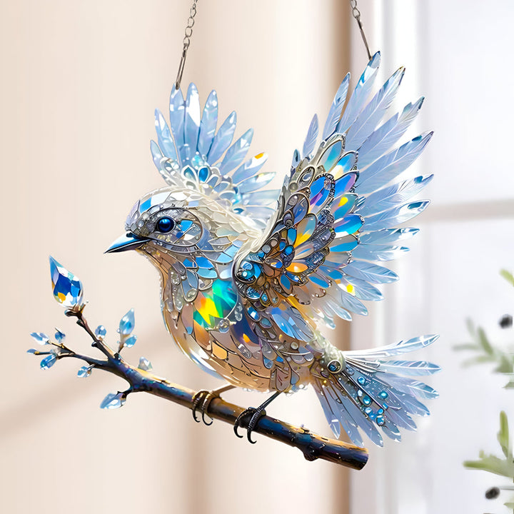 Charming bluebird window suncatcher with stained glass effect, perfect acrylic art for home or garden decor.
