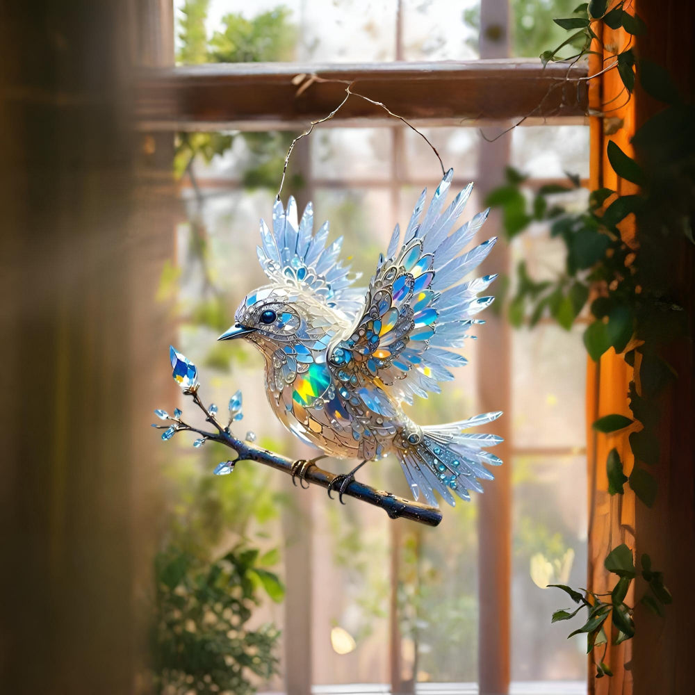 Vibrant bluebird hanging ornament, an acrylic light catcher for windows, adding bird decor to any room.