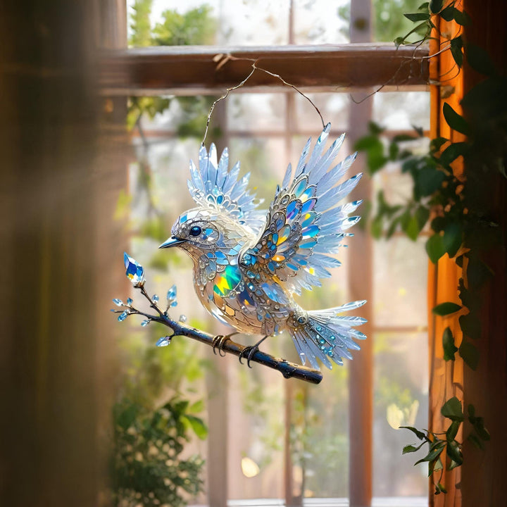 Vibrant bluebird hanging ornament, an acrylic light catcher for windows, adding bird decor to any room.