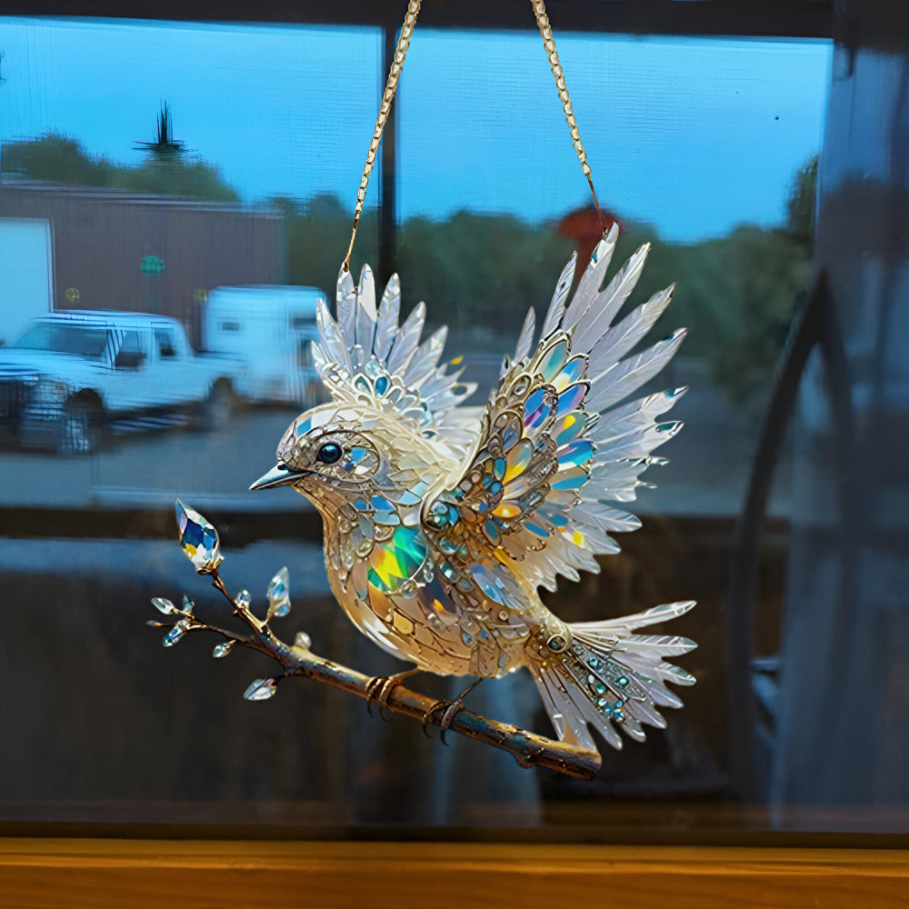 Beautiful bluebird stained glass effect suncatcher, ideal acrylic art for garden or window home accent.