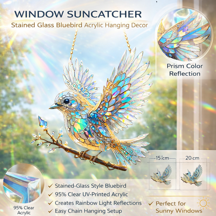 Acrylic bluebird window suncatcher, capturing light with a stunning stained glass effect, ideal bird art.
