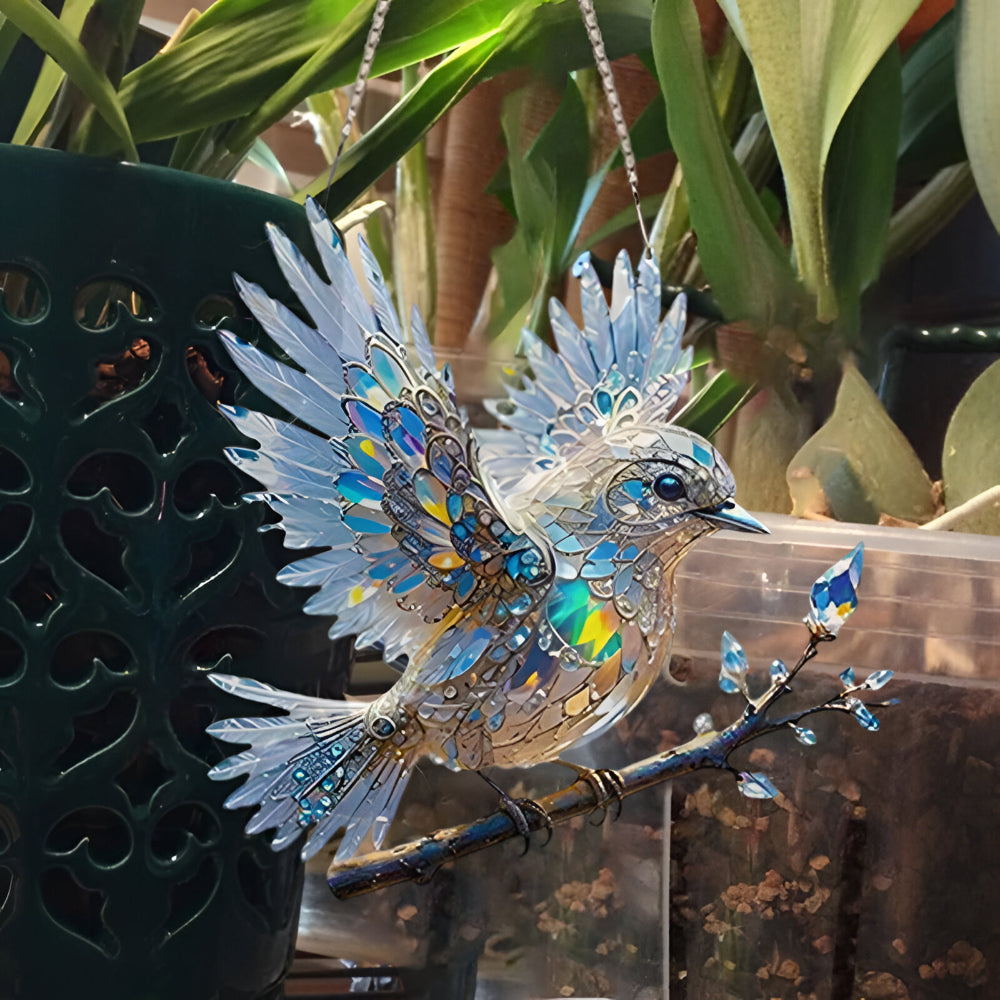 Decorative bluebird suncatcher, a colorful stained glass effect hanging ornament for windows, catching light.