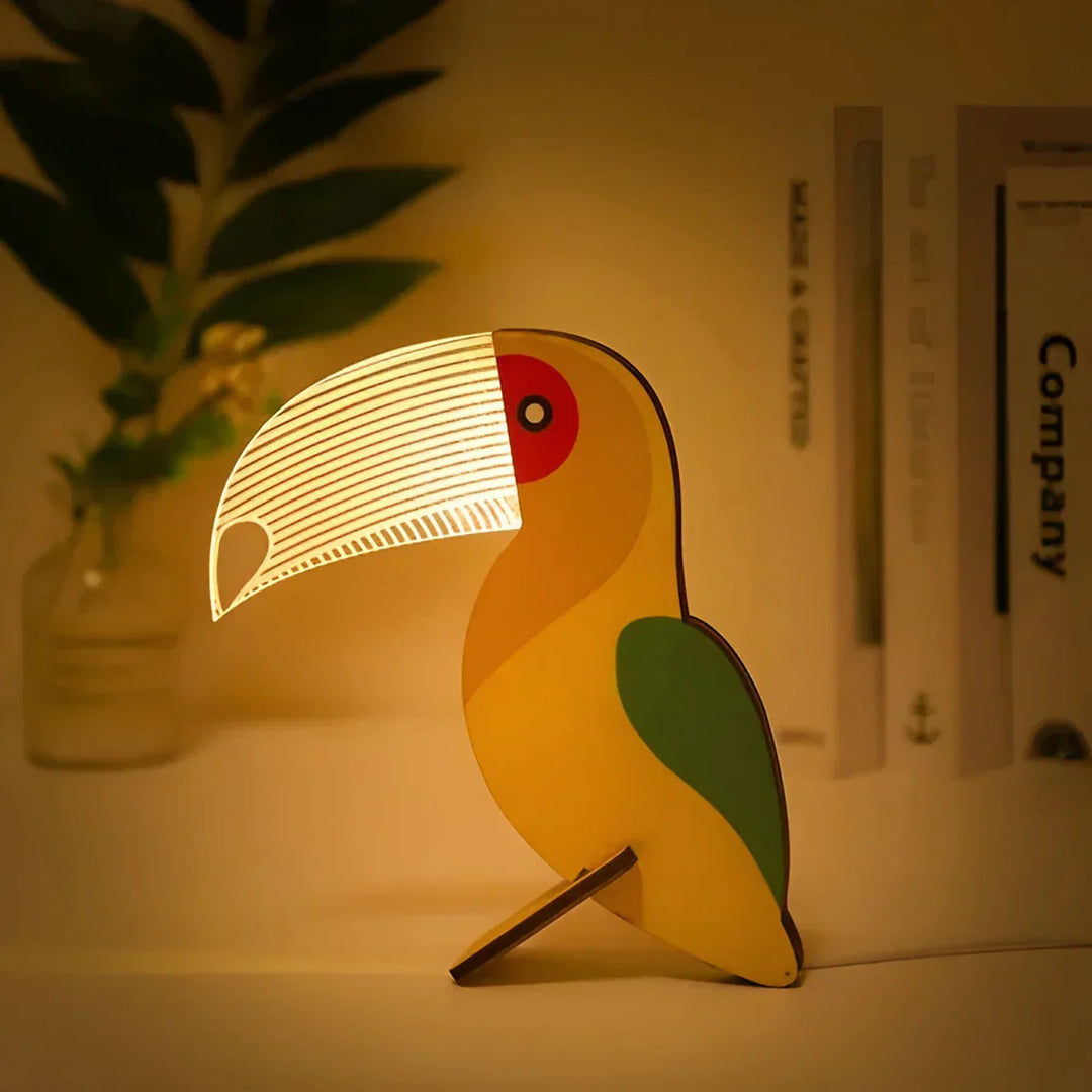 Cute wooden animal table lamp, a delightful wildlife LED night light for kids' room or nursery decor, USB powered.