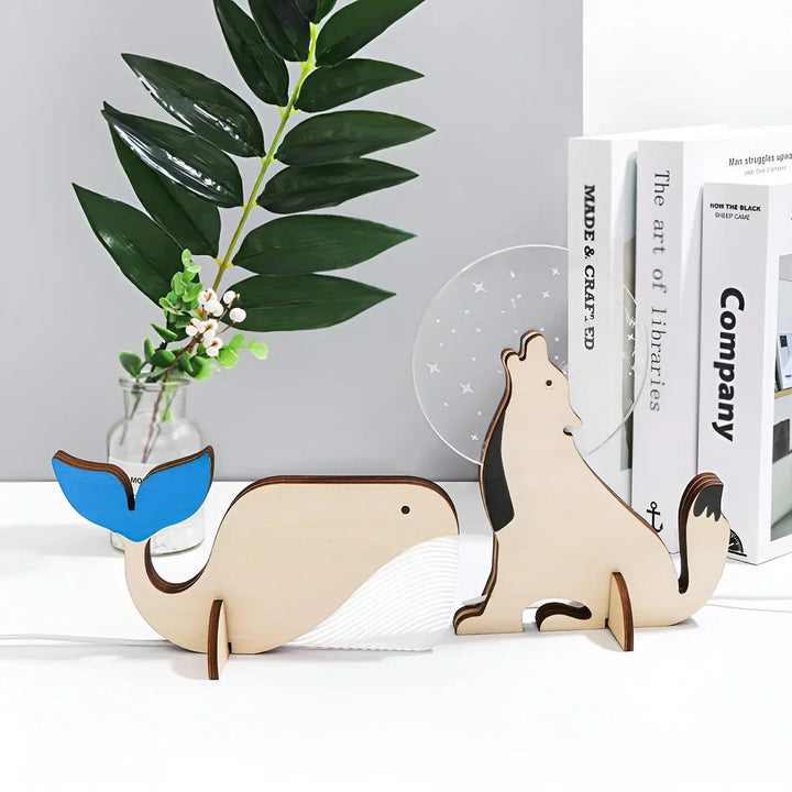 Soft glowing wooden animal LED night light, creating a magical ambiance for kids' bedrooms & nursery decor. USB lamp.