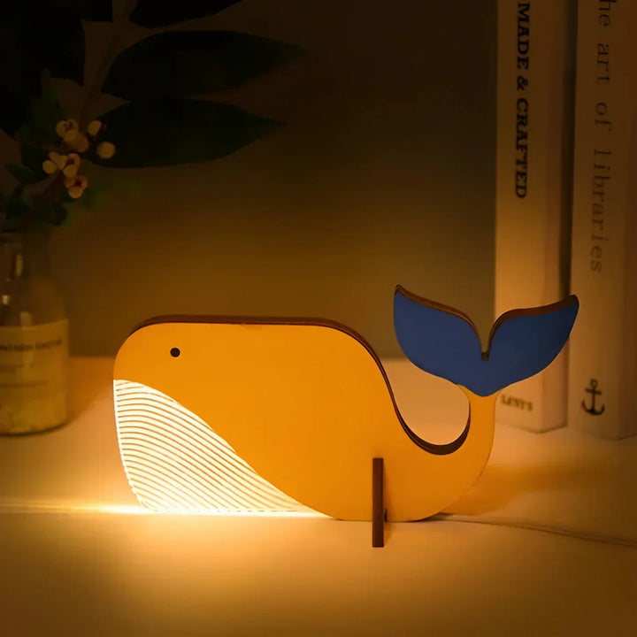 Handcrafted wooden animal lamp, an enchanting LED night light and bedroom decor piece, perfect gift for kids. USB.