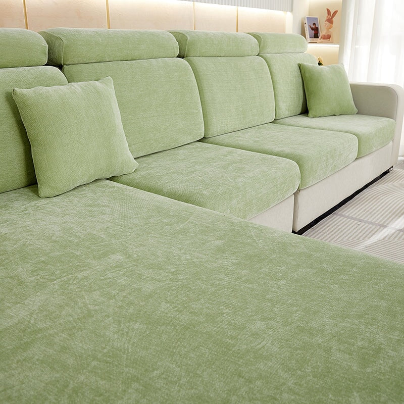 "Chenille sectional sofa cover in smoke color, fits snugly on sectional sofas to protect against wear, spills, and stains."