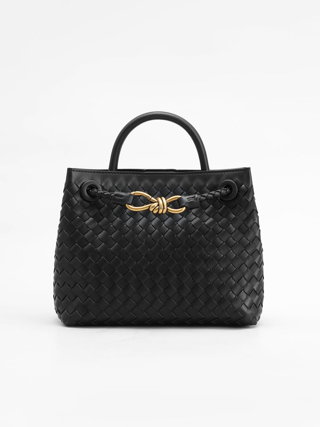 Chic black woven top handle bag for women, featuring an elegant twist detail and structured design. Perfect fashion accessory.